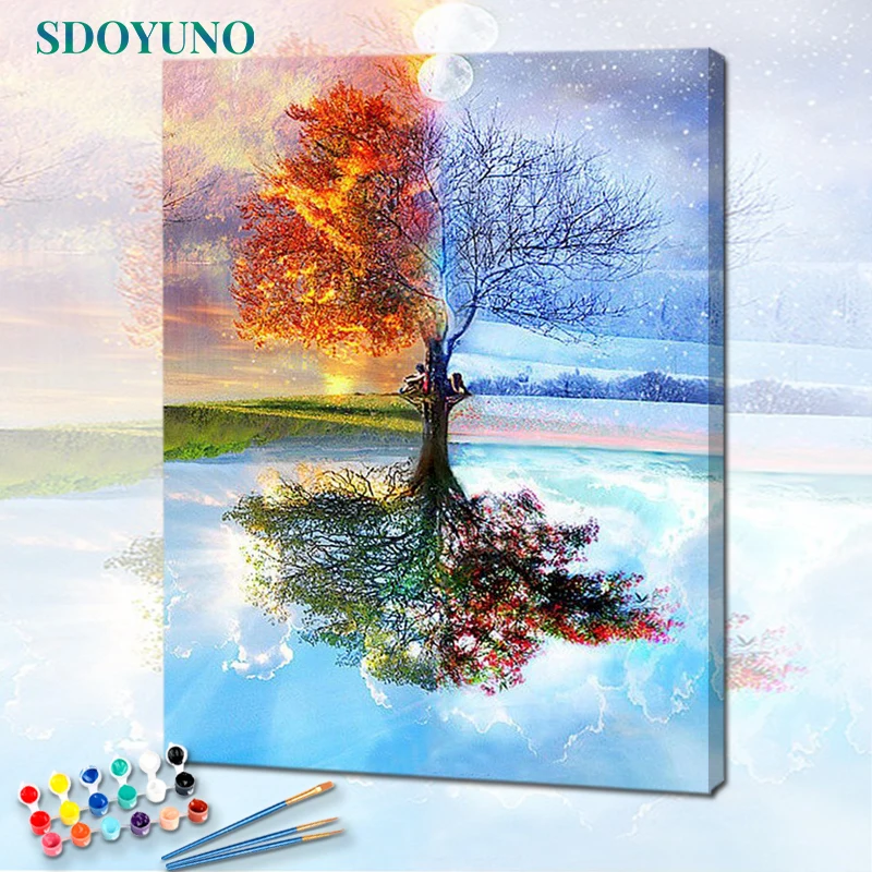 SDOYUNO-Kits de peinture par numéros sur toile, 60x75cm, sans cadre, peinture par numéros sur toile, bricolage, coloration des arbres quatre saisons