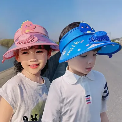 Children's Summer Sun Hat with Fan Sun Protection Hat Cartoon Outdoor Sun Protection Hollow brim Open Top Sun Protection Hat