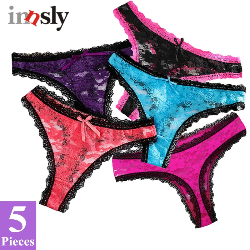 Set mit 5 Damen-Spitzen-Tangas, sexy G-String-Höschen mit transparentem, flachem Baumwoll-Slip-T-Back-Kit mit Blumenmuster Image