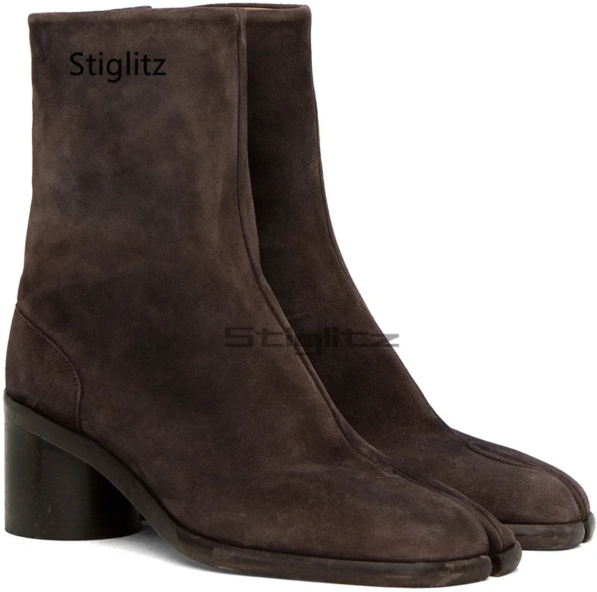 Wildleder Tabi Herren Stiefeletten mit Hohem Absatz Split-Toe Schuhe High-Top Herrenstiefel Moderner Runder Absatz Luxus Designer Freizeitschuhe für Männer