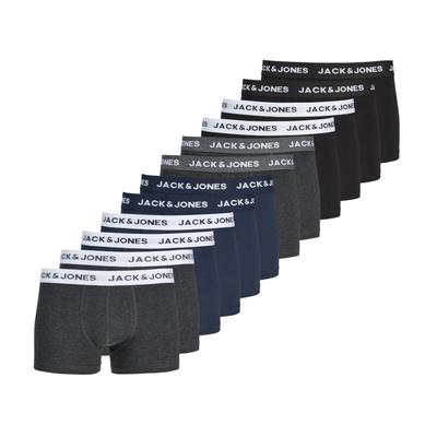 Herren-Boxershorts 12er-Pack Jacsolid der Marke Jack & Jones. Marke: Jack & JonesModellname: 12er-Pack JacsolidKategorie: Herren-BoxershortsMaterialien: Baumwolle, ElasthanFarben: schwarz, blau, grau, weiß Image