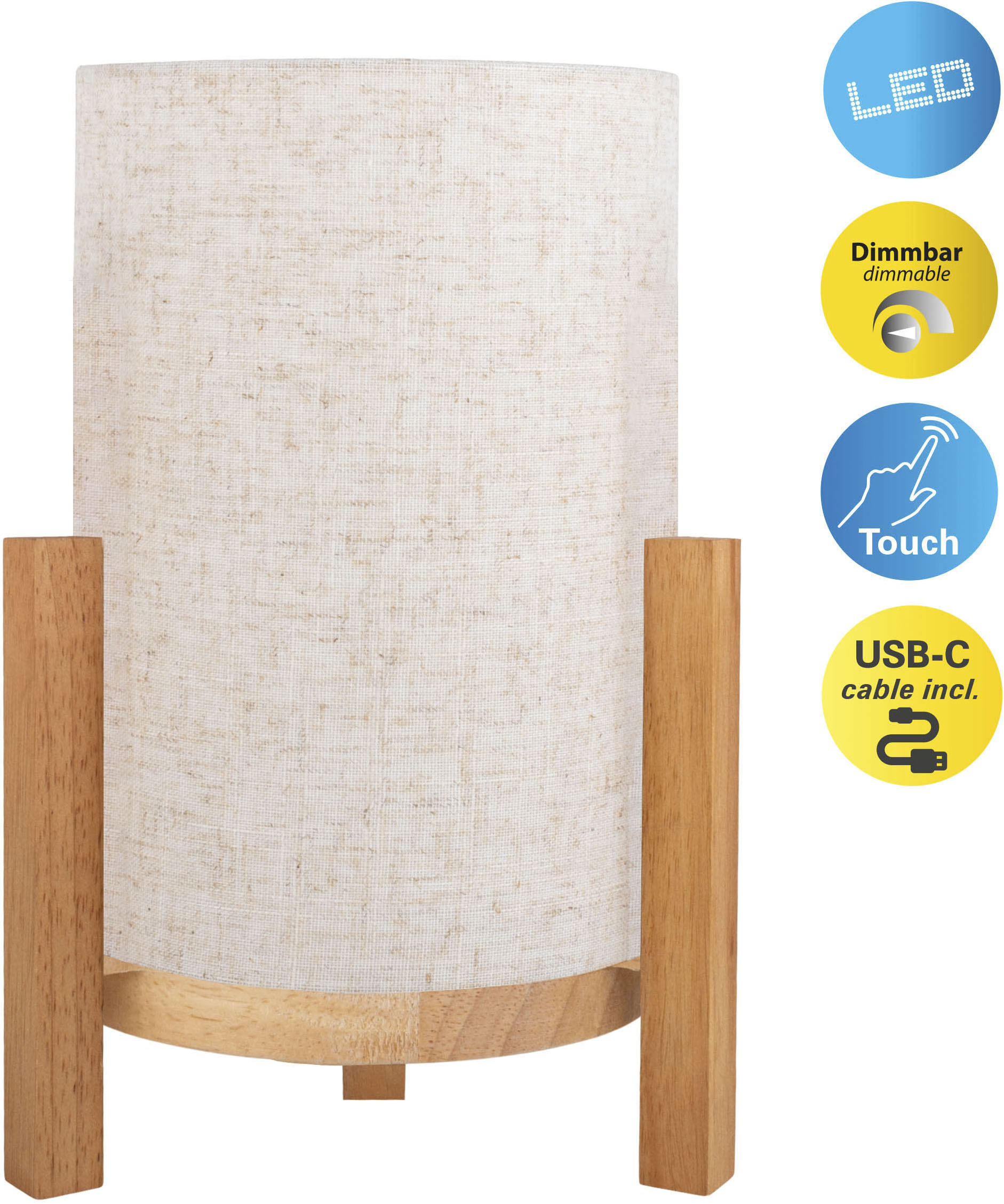 NÄVE LED Tischleuchte "Matida", beige (natur), 1, Ø 18cm H: 32cm, 1 Stk., Leuchten, Akkubetrieb, inkl. USB-C-Kabel, Holzgestell, Textilschirm, dimmbar Image