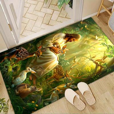 TEMU Enchanting Forest Animals Green Pattern Area Rug - Perfect For Office & Home Decor, Ideal Holiday Gift, Durable Polyester, 800g/m2 Image