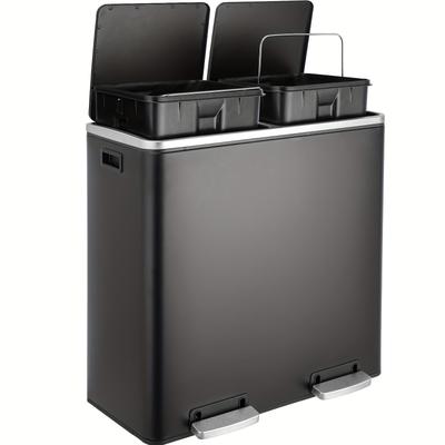 TEMU Trash Can With 2 Compartments, Kitchen Trash Can 60l 2x 30 , Made Of Metal, With Soft Closing Lid, 2 Plastic Inner Buckets, Handle, Rectangular, Double Compartment Pedal Trash Can - Black Image
