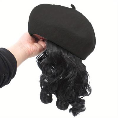 TEMU Elegant Curly Wave Beret Wig Hat For Women - Fiber, Net , Synthetic Short Hairpiece With Attached Extensions, Winter , Ideal Christmas Gift