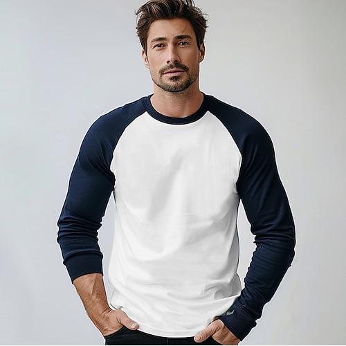 Homme T-shirt manche longue Col ras du cou Automne Hiver Chaud Vacances Neutre Bloc de Couleur École Entraînement Extérieur Noir bleu marine Kaki T-shirt haut de gamme pour homme