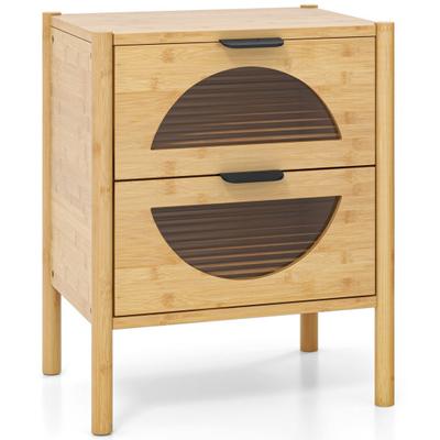 Costway Bamboo Nightstand with 2 Storage Drawers and Reeded Tempered Glass Fronts-Natural