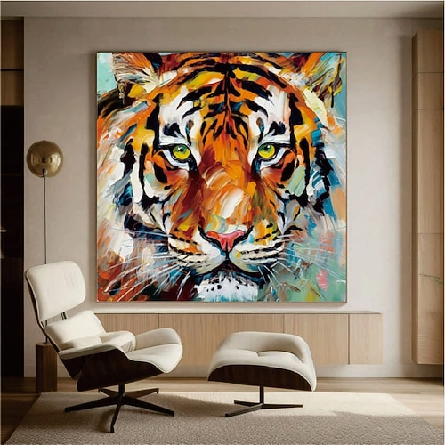 handgemaltes Tiger-Ölgemälde auf Leinwand, großes handgemachtes abstraktes Tiger-Ölgemälde auf Leinwand, Wandkunst, moderne impressionistische Tiermalerei, Wandkunst für Wohnzimmer, Heimdekoration Image