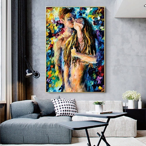 Ölgemälde eines Liebespaares, handgefertigt, umarmendes Ölgemälde eines Liebespaares – handgemaltes impressionistisches Ölgemälde eines Liebespaares aus Paris auf Leinwand, Ölgemälde mit Spachtel, Image