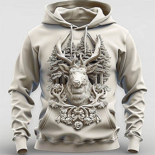 Herren Hirsch Kapuzenshirts Pullover Mode Cool Täglich Langarm Rundhalsausschnitt Party Ferien Streetwear Weiß Kordelzug Herbst Winter Designer S M L XL XXL XXXL Image