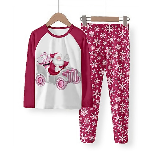 Mädchen 3D Weihnachtsmann Schlafanzug Set Langarm 3D-Druck Herbst Winter Aktiv Modisch Kuschelig Polyester kinderkleidung 3-12 Jahre Rundhalsausschnitt Heim Normal Innen Regular Fit Image