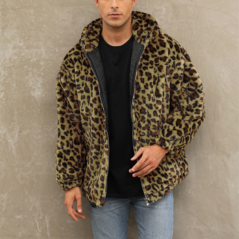 Men's Winter Jacket Fleece Jacket Faux Fur Coat Daily Vacation Thermal Warm Pocket Fleece Fall Winter Leopard Print Fashion Streetwear Hooded Regular Yellow Blue Green Jacket