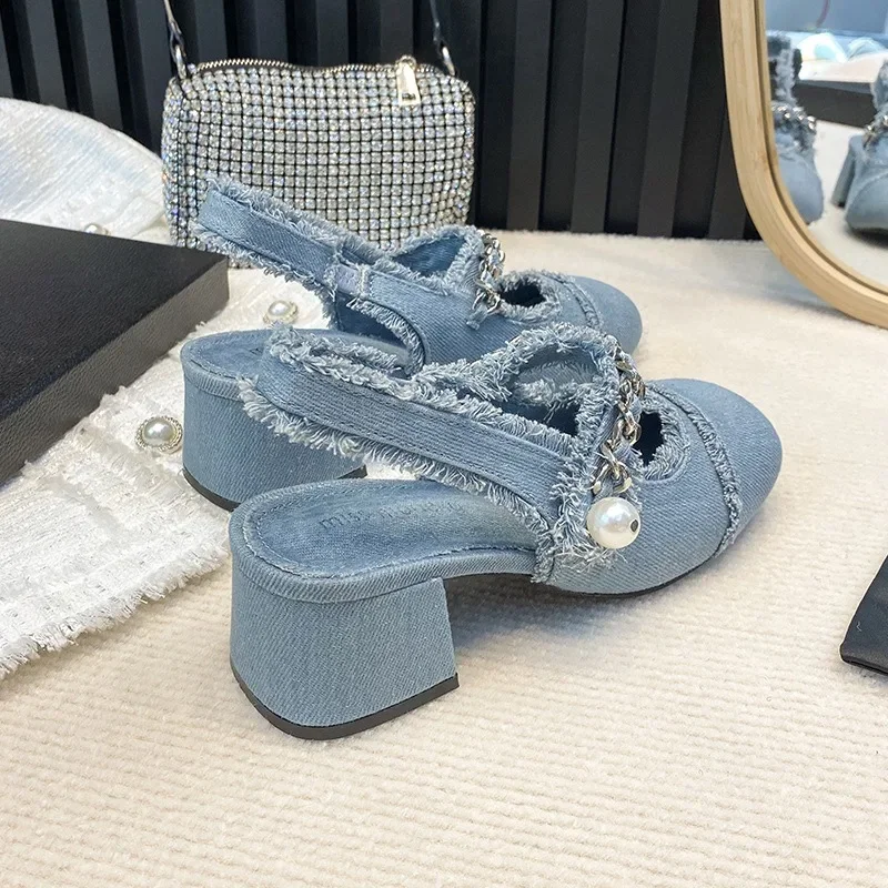 Frauen Sommer High Heels Schuhe Sandalen Dame Bling Maultiere Slingback Silber Pumpen Weibliche Denim Sandalen Braut Qualität Schuhe 7 cm/5 cm