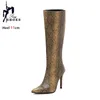 Größe 34-43 Damen Kniestiefel Mode Schlangenmuster Stiletto Party High Heels Reißverschluss hinten Lange Stiefel für Damen Spitze Winterschuhe