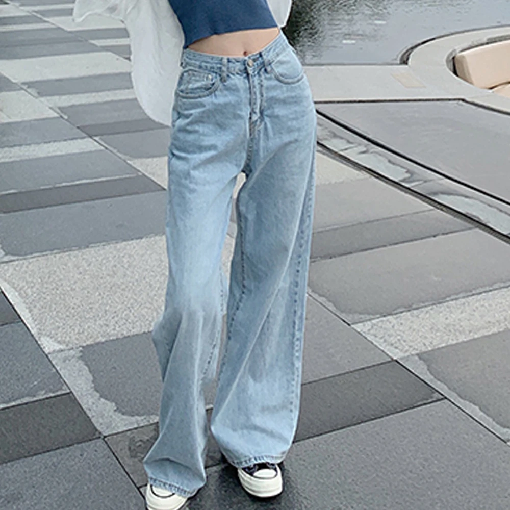 Vintage Straight Jeans Damen Weites Bein Lose Denim Hosen Herbst Frühling Mode Freizeithose in Weiß Schwarz Blau Einfarbig
