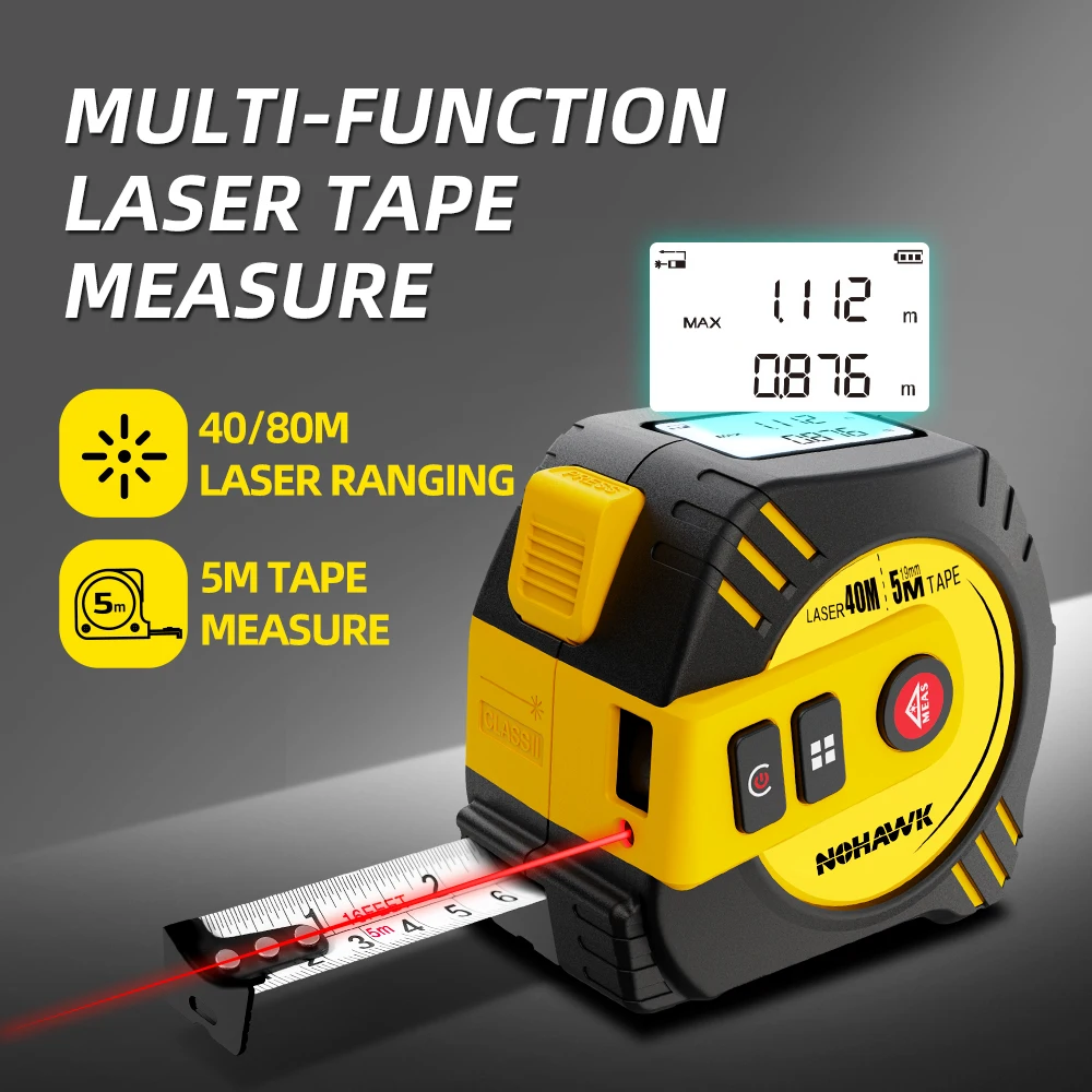 Nohawk 40 m/80 m Laser-Maßband, Laser-Entfernungsmesser, digitales Maßband, Messwerkzeug, Stahlbandmaß, USB wiederaufladbar Image