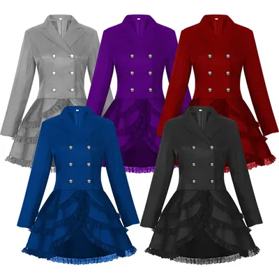 Damen-Mantel mit Spitzenbesatz, Schnürung, hoher, niedriger Mantel, schwarz, Steampunk, viktorianischer Stil, Gothic-Jacke, mittelalterliches, edles Hofkleid Image