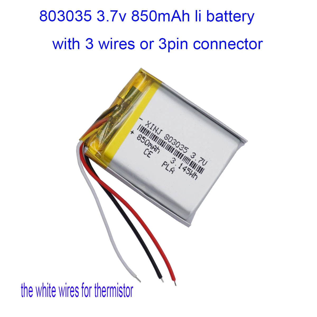 3,7 V 850mAh 3,14 Wh Li-Polymer-Ersatz Li Lipo wiederauf ladbar jst 3pin ntc Therm istor 3 Drähte Batterie für GPS-Kamera LED Image