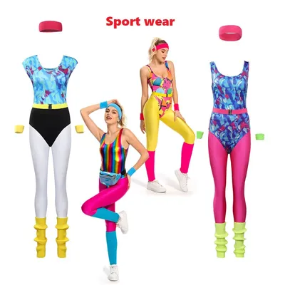 Weibliche Retro 80er 90er Jahre Body Cosplay Kostüm Frauen Sportwear Stirnband 6 Teile/satz Outfits Image