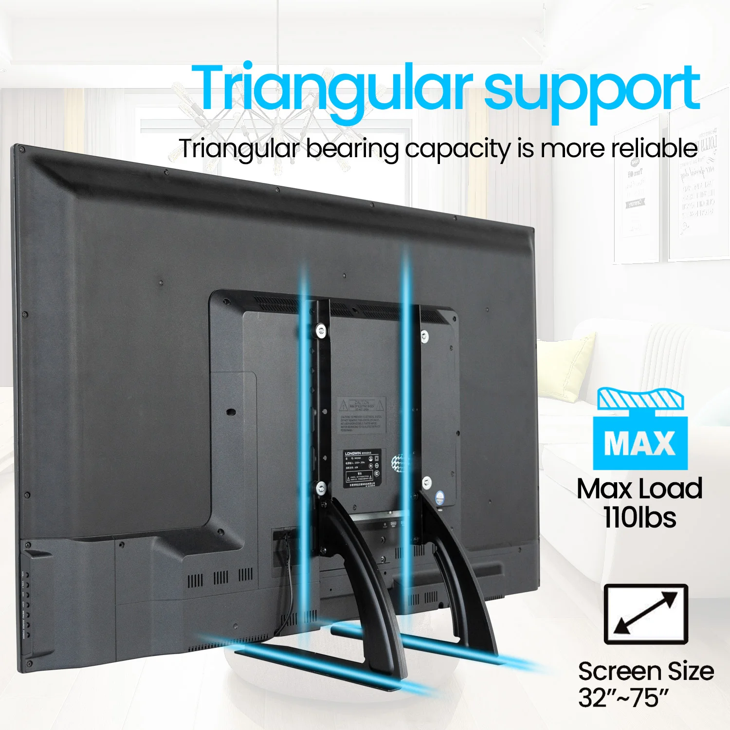 Universeller TV-Ständer, große, höhenverstellbare Basis für die meisten Fernseher bis 75 Zoll, max. VESA 600x400 mm, Beinständer, belastbar bis 50 kg Image