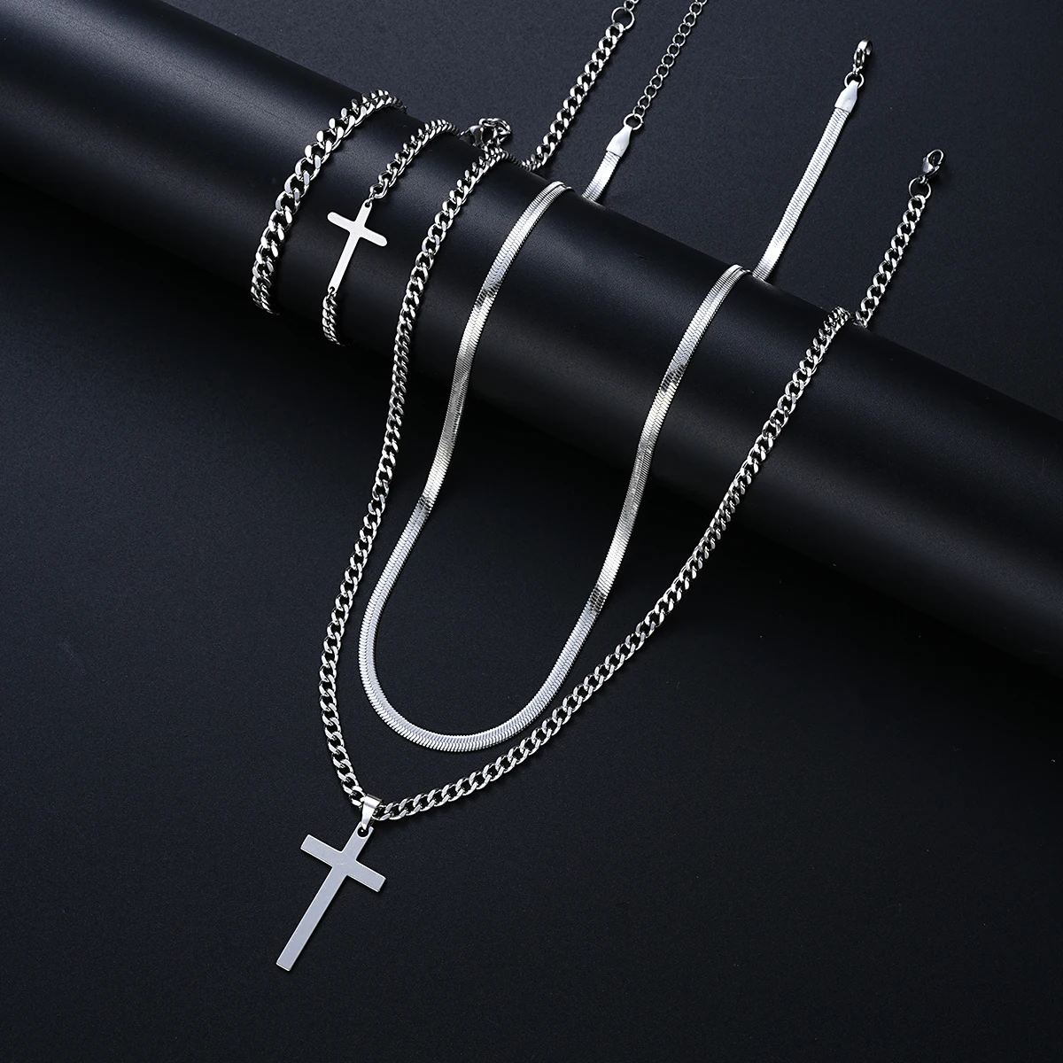 4Pcs Punk Edelstahl Kreuz Anhänger Halskette Armband Sets Einfache Silber Farbe Schmuck Set für Männer Unisex Hip Hop schmuck Image