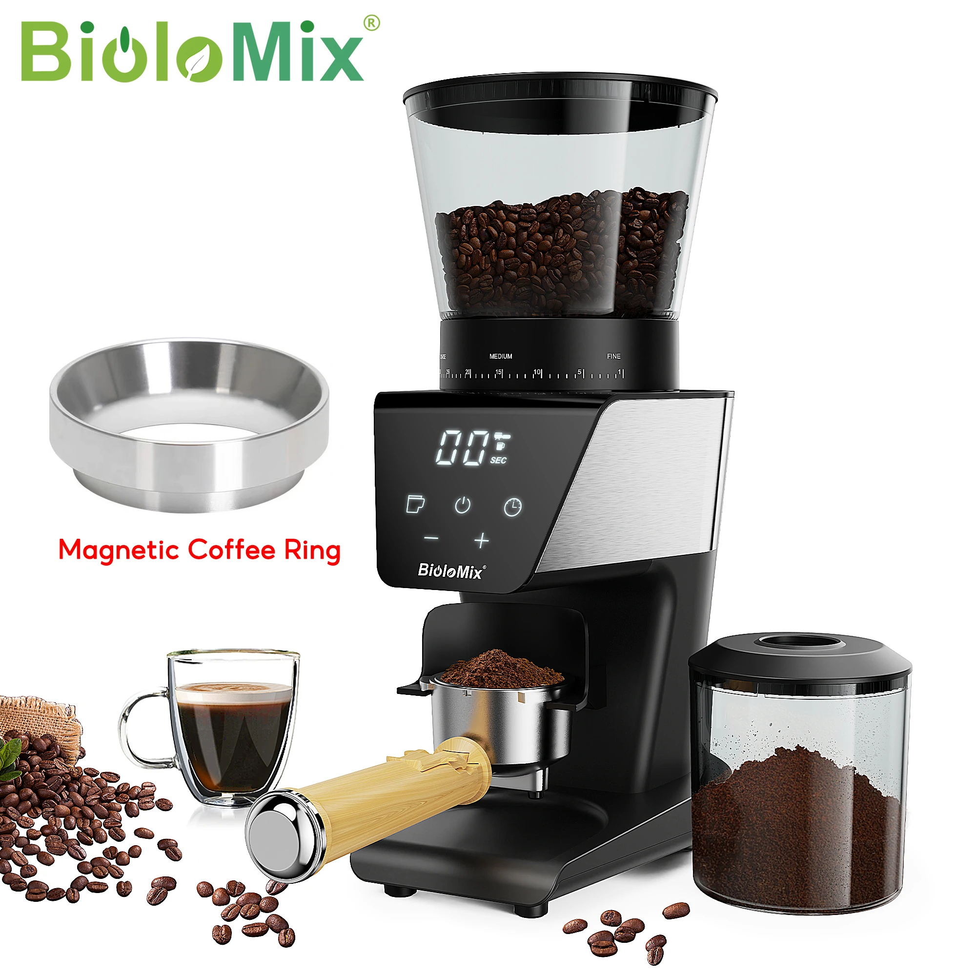 BioloMix mit Magnetring, automatische Gratmühle, elektrische Kaffeemühle, mit 30 Gängen für Espresso American Coffee Pour Image