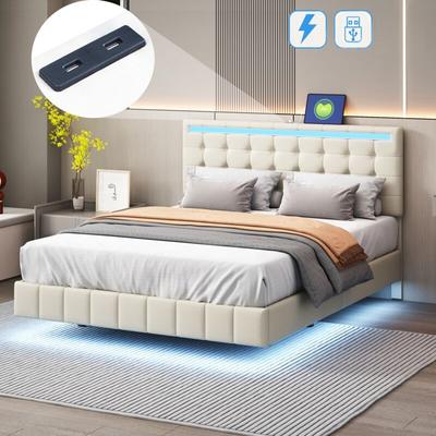 Betten für Erwachsene 140x200 cm, mit LED-Beleuchtung, usb, Lattenrost aus Holz, Metallrahmen, Image