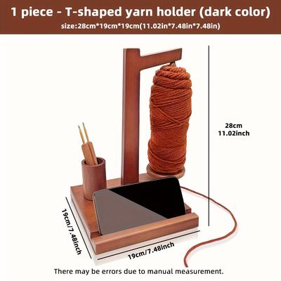 TEMU Walnut Yarn Holder With Phone Stand, Crochet Hook Organizer, Magnetic Ball Holder Spinner - Knitting & Crocheting, Ideal Gift For Crafters - Dark Brown & Khaki Decor