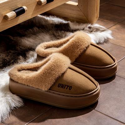 TEMU Unisex Winter Slippers, Cozy Fleece , Non-slip Sole, Soft Fabric Indoor Shoes, Vintage Casual , Avoid Direct Sunlight, Solid Color, For , Fabric Upper, Eva Inner & Outsole, Round Toe Image