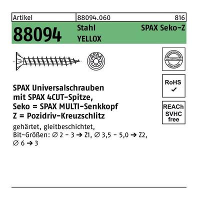 Spax - Schraube r 88094 Senkkopf m.Spitze/Kreuzschl.-PZ 3 x 16/13-Z Stahl galvanisch verzinkt gelb Image