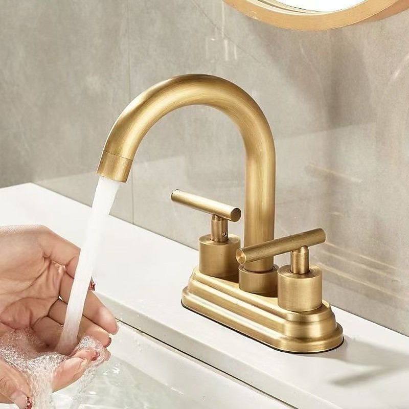 2 Holes Modern Hot and Cold Mixed Brushed Gold Deck Mount Centerset 4 inch Bathroom Vanity Double Lever Handles Retro tap