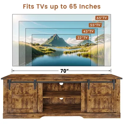 65” TV Entertainment Center with Storage Cabinets and Sliding Barn Doors, Rustic Media TV Console