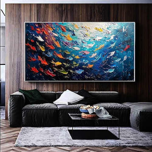 Fisch-Ölgemälde, handgefertigt, blaue Meereswelt, mehrfarbig, tropische Fische, Ölgemälde, moderne Meereslandschaft, Naturölgemälde, Wanddekoration, vertikales Kunstwerk, Unterwasserspektakel-Gemälde Image