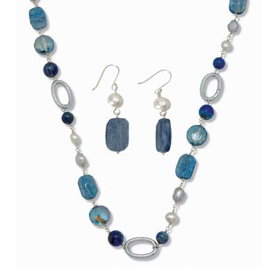 Women's Genuine Blue Sodalite and Cultured Freshwater Pearl Silvertone Jewelry Set by PalmBeach Jewelry in Blue (Size ONE SIZE)