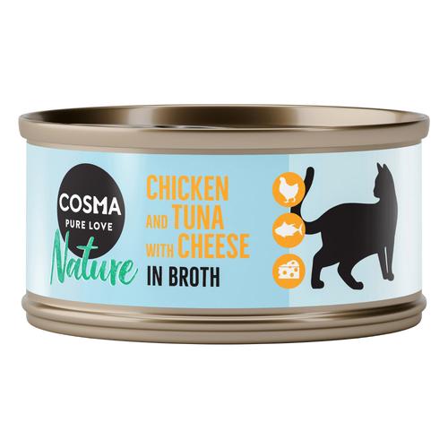 24x70g Cosma Nature Hühnchen & Thunfisch mit Käse Katzenfutter Nass - 20+4 gratis!