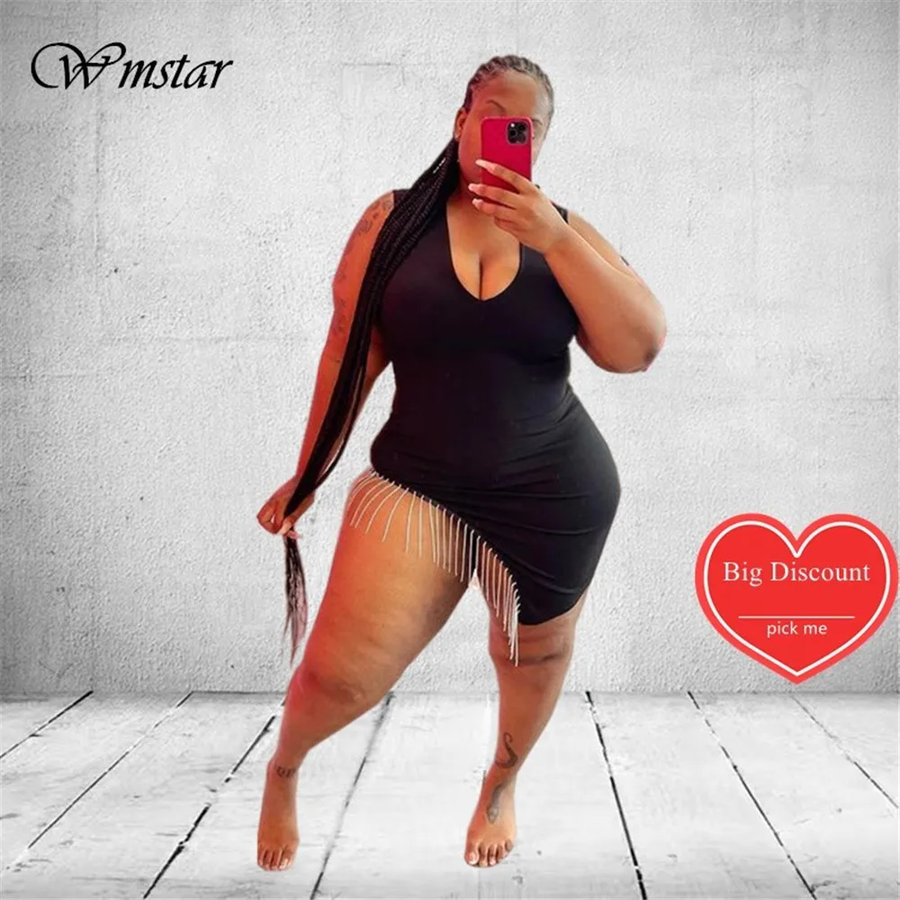 Wmstar Plus Size abiti per le donne scollo a V nero Sexy Super Stretch senza maniche Mini abito abiti estivi Dropshipping all'ingrosso