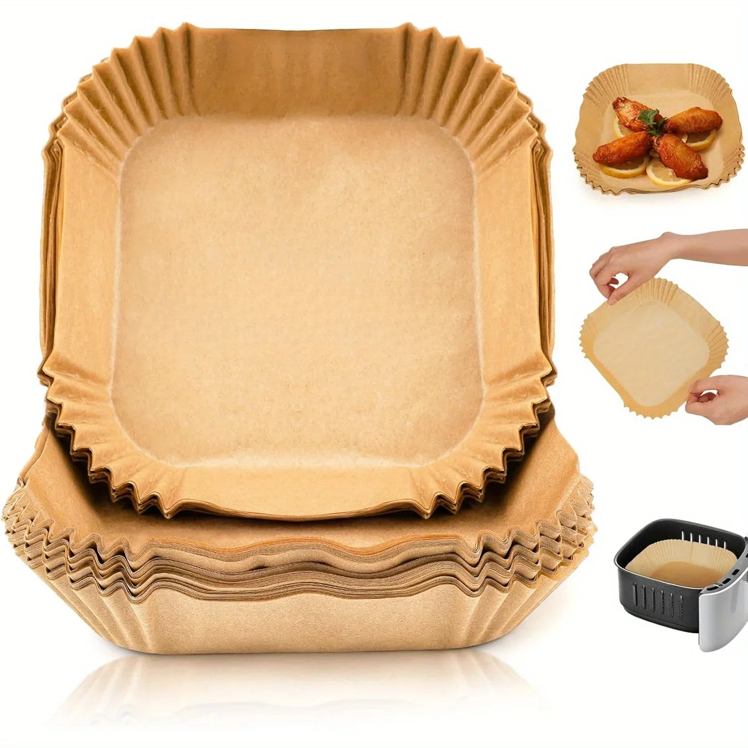 100 Stück Einweg-Papiereinlagen für Luftfritteusen: 20 cm quadratische Einlagen für Luftfritteusen, Fett und wasserfester, antihaftbeschichteter Korb, Pergamentpa Image