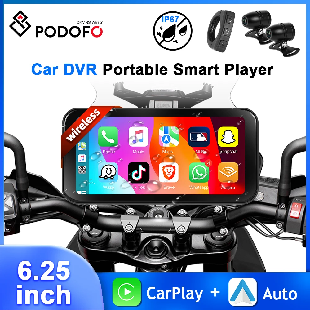 Podofo 6,25 Zoll Smart Player Android Auto Motor Carplay IP67 wasserdicht GPS Navigation Carplay Motorrad mit Swc Dash Cam