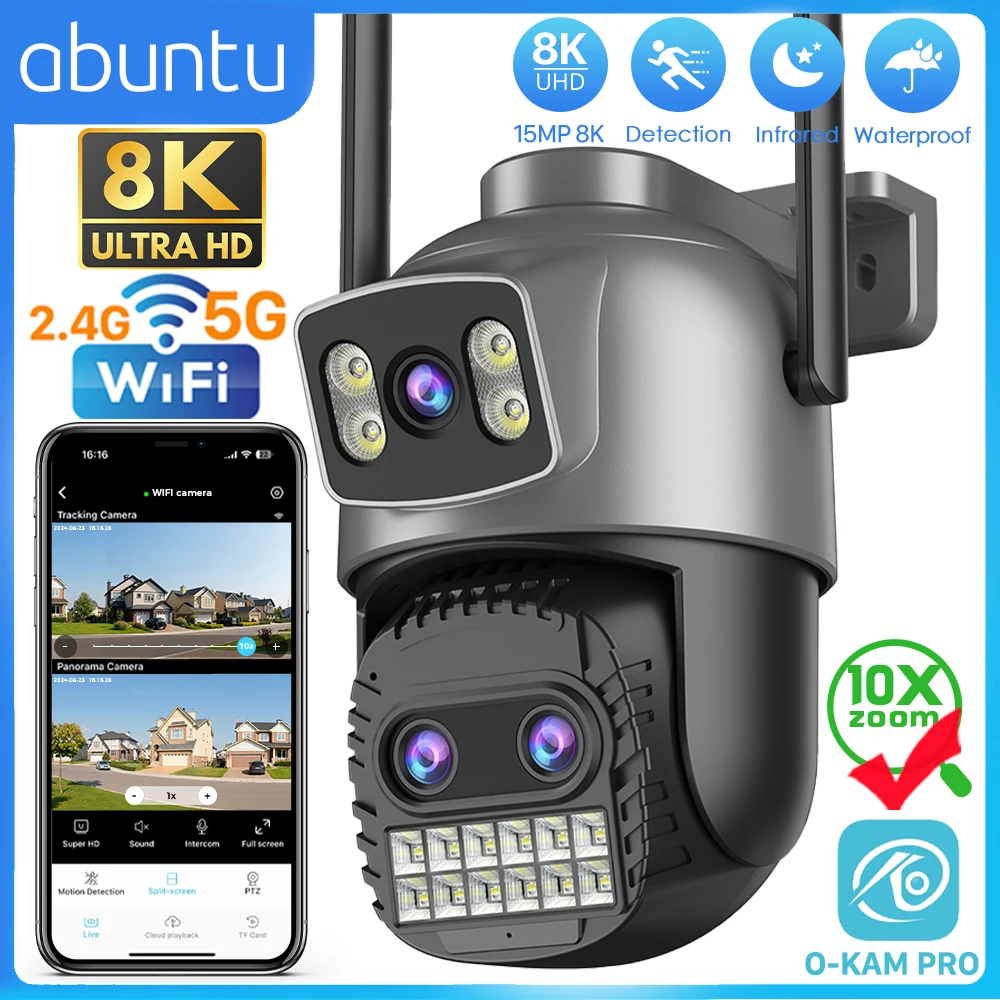 ABUNTU 15MP 8K 10X Optional Zoom Wifi Kamera Outdoor Drei Objektiv Bildschirme Video Überwachung Kamera 2,4G/5G Home Security Kamera Image