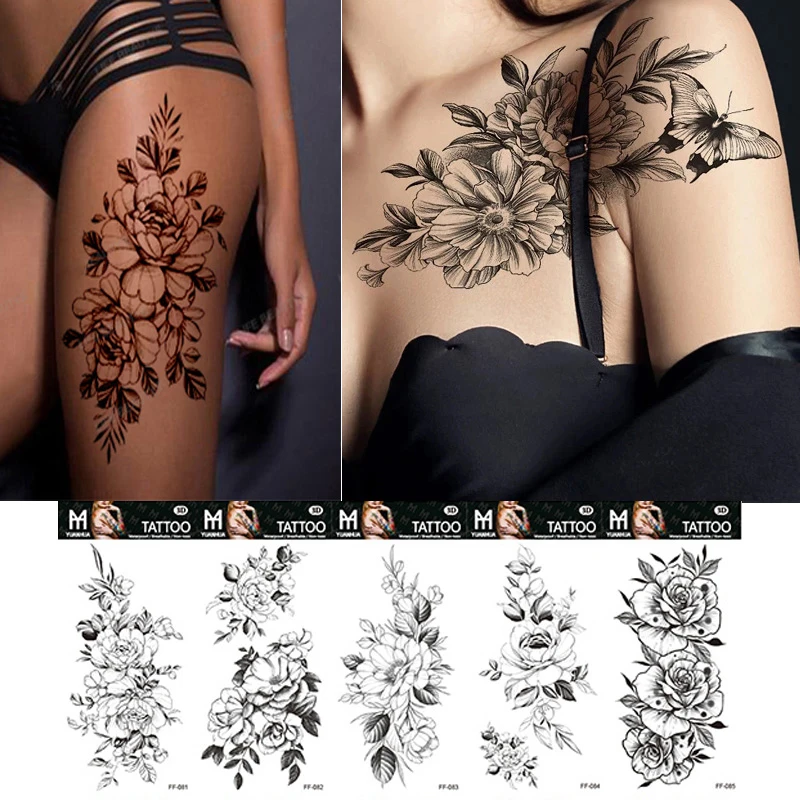 Sexy schwarze große Schlange Blume gefälschte Tattoo Aufkleber für Frauen Punkt Rose Pfingstrose temporäre Tattoos DIY Wasser transfer Tattoos Mädchen Image