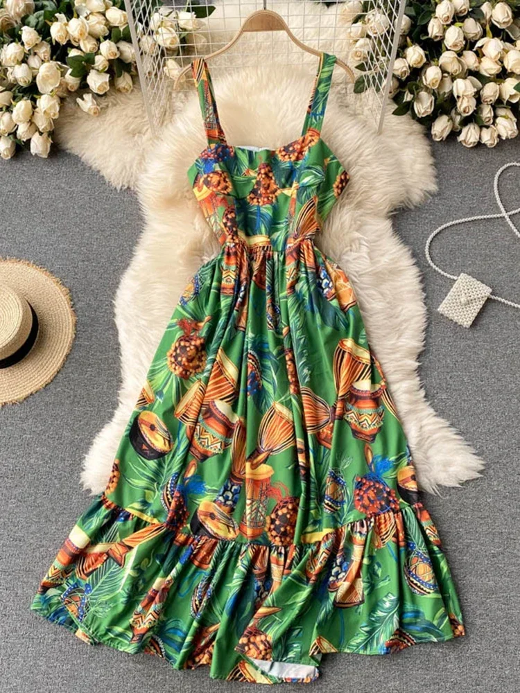 Sommer Mode Gedruckt Sling Kleid frauen Urlaub Rüschen Quadrat Kragen Taille Abnehmen Strand Midi Kleid C455 Image