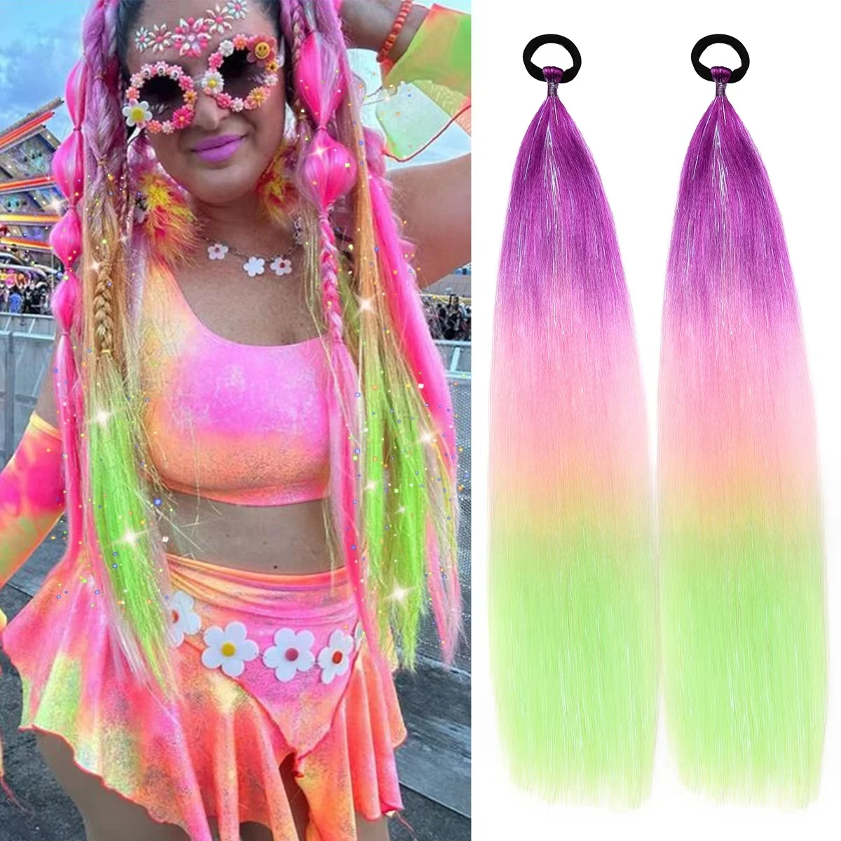 2 stücke synthetische Haar verlängerungen Ombre Braid Pferdes chwanz Mischung Haar Lamellen mit Haar gummi verrückte Haar Tag Accessoires für Frauen Mädchen Image