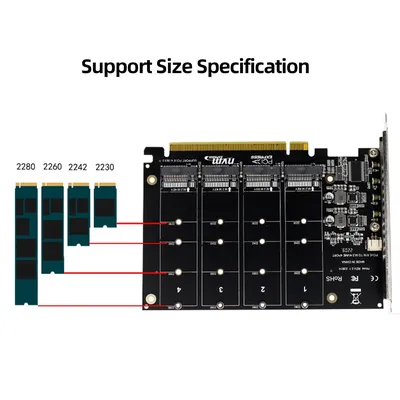 PCI-E 4 Port M.2 NVMe SSD to PCIE X16M Key Hard Drive Converter Disk Reader Expansion Hard Disk Card