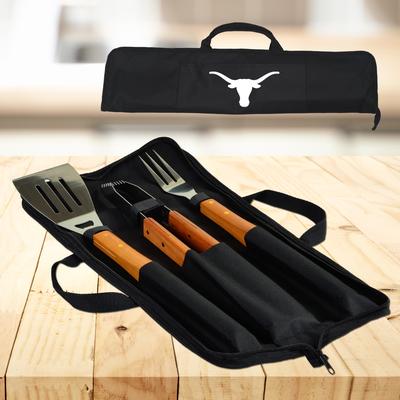 NCAA Texas University at Austin Longhorns 3 Piece BBQ Tool Set with Wood handles and Carry Case