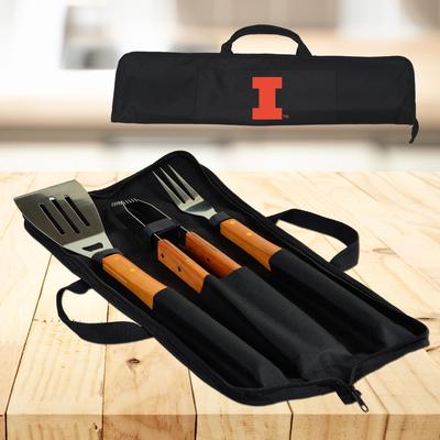 NCAA Illinois University Fighting Illini 3 Piece BBQ Tool Set with Wood handles and Carry Case
