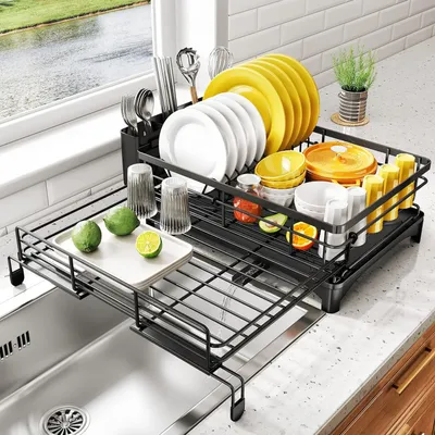 Dish Drying Rack - Extendable Dish Rack, Large Sink Drying Dish Drainer for Kitchen Counter, Stainless Steel Dish Strainer