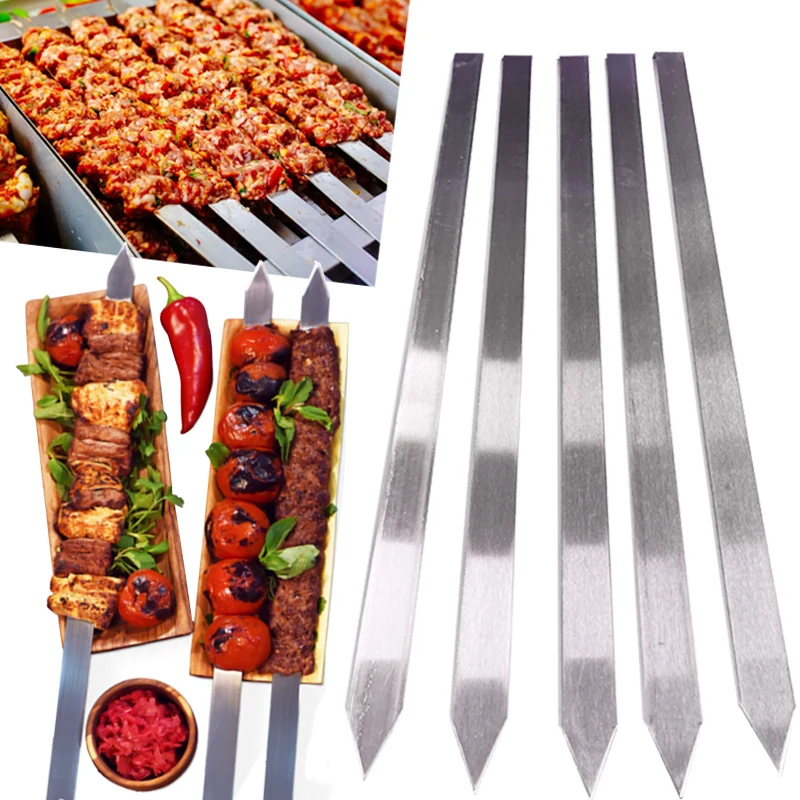 Kabob-Spieße, flacher Metall-BBQ-Grillspieß mit Holzgriff, Kabob-Spieße aus Edelstahl für brasilianische Koobideh-Perser Image