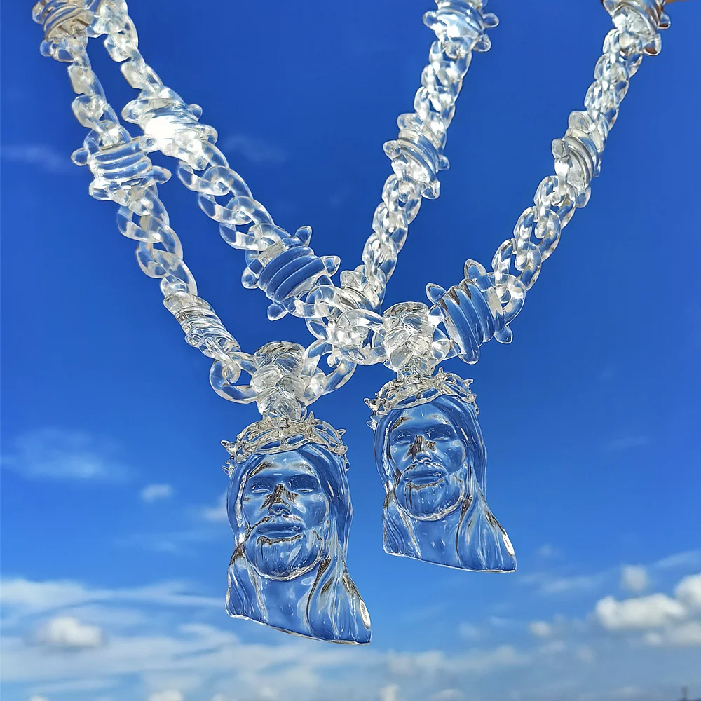 Trendy Transparent Klar Acryl Big Juese Anhänger Halskette für Männer Hiphop Brombeeren Draht Jesus Christus Halsketten Männlichen Schmuck Image