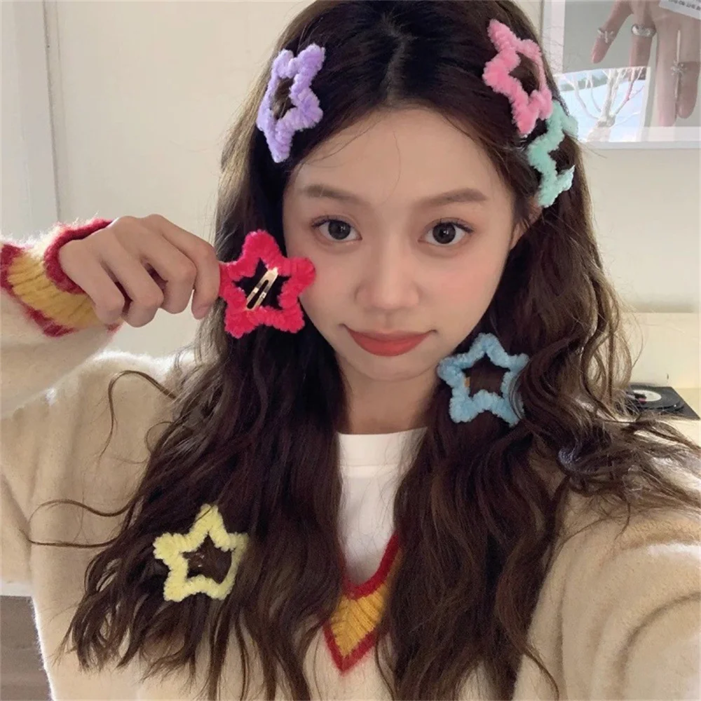 Mode y2k niedlich süße Süßigkeiten Farbe Plüsch pelzigen Stern Haars pangen für Frauen Mädchen trend ige BB Clip Haarnadel Haars pangen Haarschmuck Image