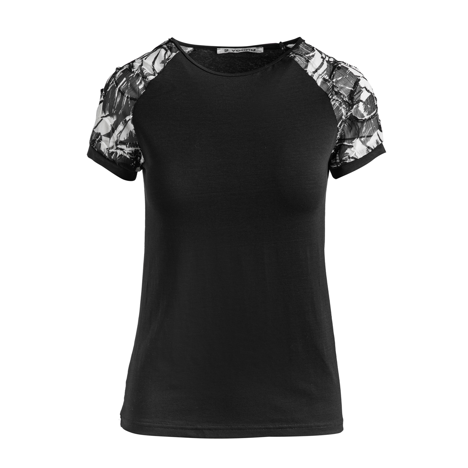 Schwarzes Top mit Netz-Jacquard-Ärmeln aus nachhaltigem Stretch-Jersey-Stoff Image